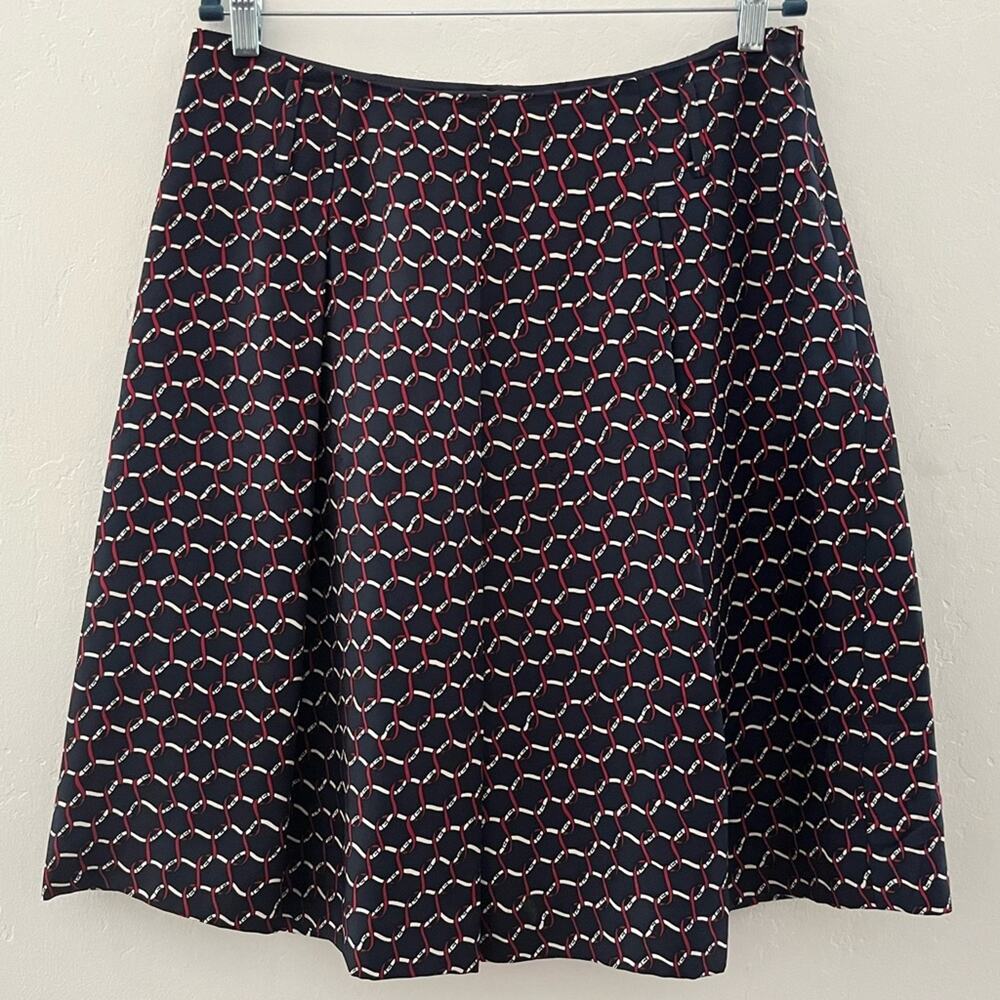 Talbots Silk Skirt Women's Size 12P Navy Nautical Chain Print Preppy A-Line Midi